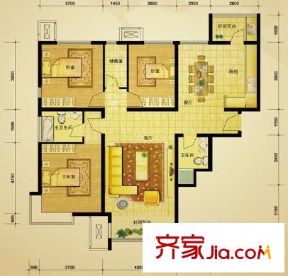 领秀新硅谷户型图四期9#、10#三居户型图 3室2厅1卫1厨