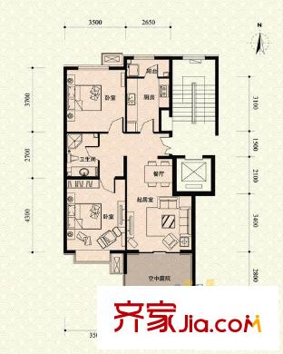 中景江山赋户型图c2-1户型 2室2厅1卫1厨