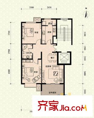 中景江山赋户型图c2-2户型 2室2厅1卫1厨