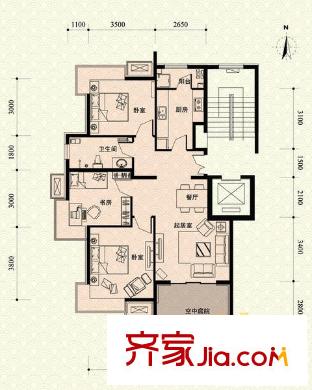 中景江山赋户型图c2-6户型 3室2厅1卫1厨