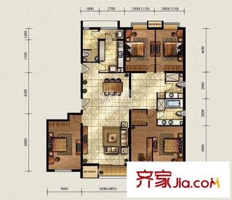 国风上观户型图C1/2楼A户型 4室2厅3卫1厨