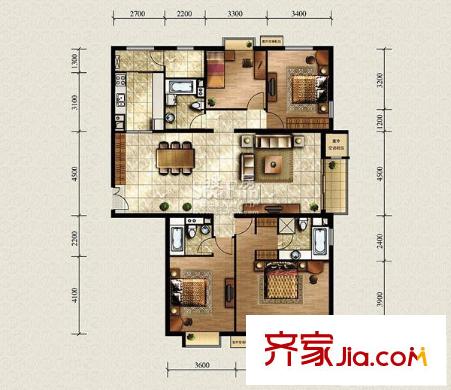 国风上观户型图C12楼E户型 4室2厅3卫1厨