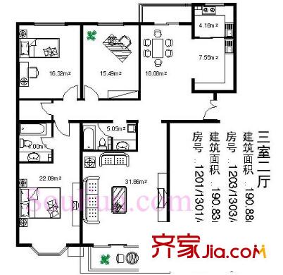 龍?jiān)乐迲粜蛨D戶型圖 3室2廳2衛(wèi)1廚