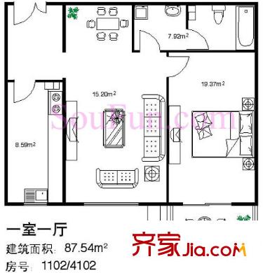 龍?jiān)乐迲粜蛨D戶型圖 1室1廳1衛(wèi)1廚