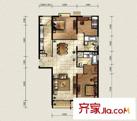 国风上观户型图C9/10/11/12楼B户型 3室2厅2卫1厨