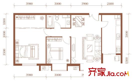 国风上观户型图C8楼两居户型 2室2厅1卫1厨