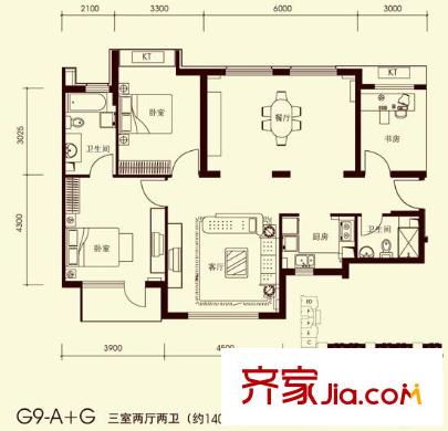 橡树湾户型图G9―A+G户型 3室2厅2卫1厨