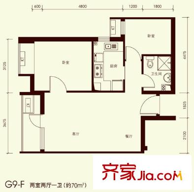 橡树湾户型图G9―F户型 2室2厅1卫1厨