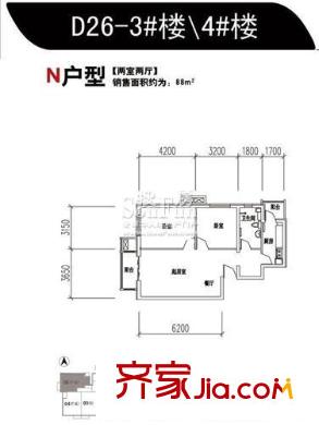 旗胜家园户型图N户型(D26-3#楼/4#楼) 2室2厅1卫1厨