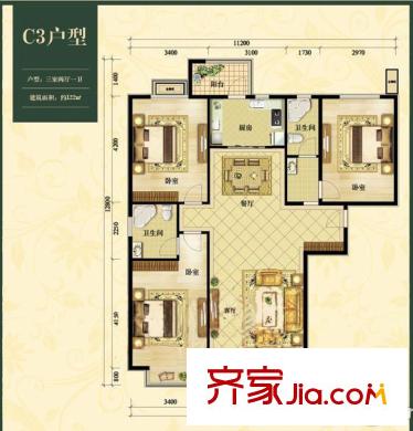 中加锦园户型图C3户型 3室2厅1卫1厨
