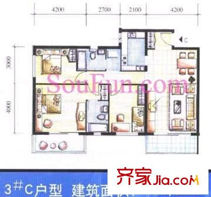 博望园户型图三室二厅二卫 3室2厅2卫1厨