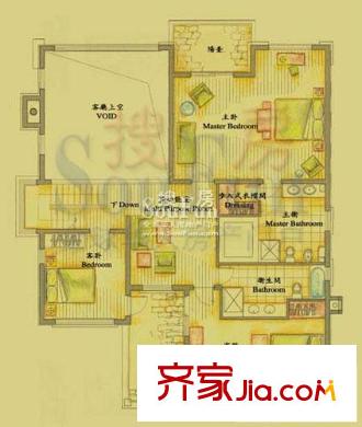 东山墅户型图Di户型二层平面图 3室2卫
