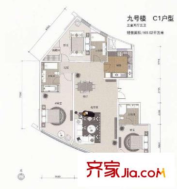 一瓶戶型圖9號樓C1戶型 3室2廳3衛(wèi)1廚