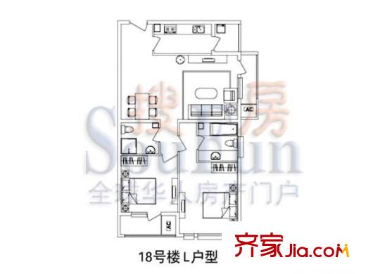 北京香颂户型图18#L户型 2室2厅2卫1厨
