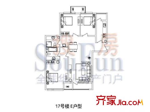 北京香颂户型图17#E户型 3室2厅2卫1厨