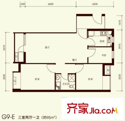 橡树湾户型图G9-E户型 3室2厅1卫1厨