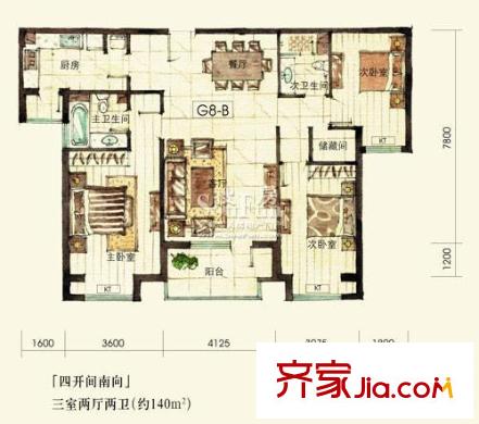 橡树湾户型图橡府G8号楼B户型 3室2厅2卫1厨
