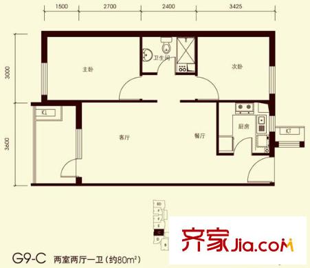 橡树湾户型图G9―C户型 2室2厅1卫1厨