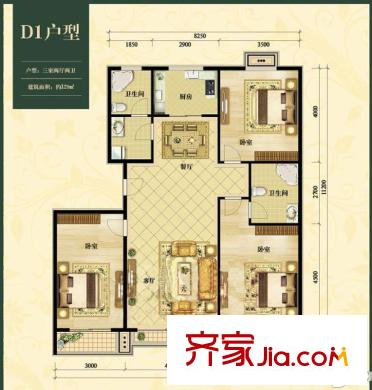 中加锦园户型图D1户型 3室2厅2卫1厨