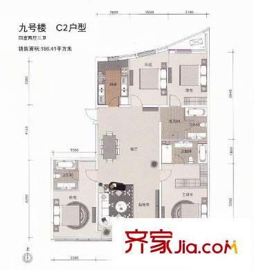 一瓶戶型圖9號樓C2戶型 4室2廳3衛(wèi)1廚