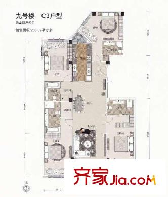 一瓶戶型圖9號樓C3戶型 4室2廳4衛(wèi)1廚