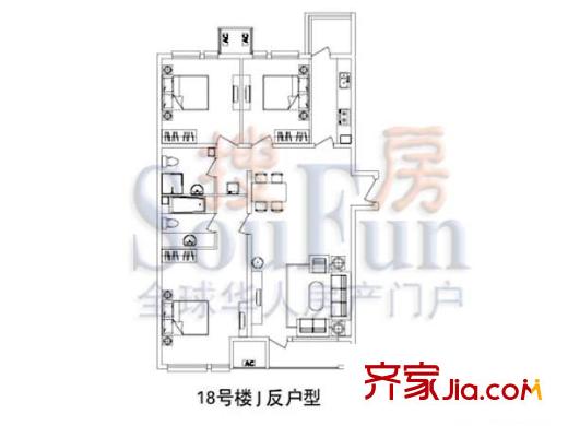 北京香颂户型图18#J反户型 3室2厅2卫1厨