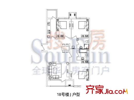 北京香颂户型图18#J户型 3室2厅2卫1厨