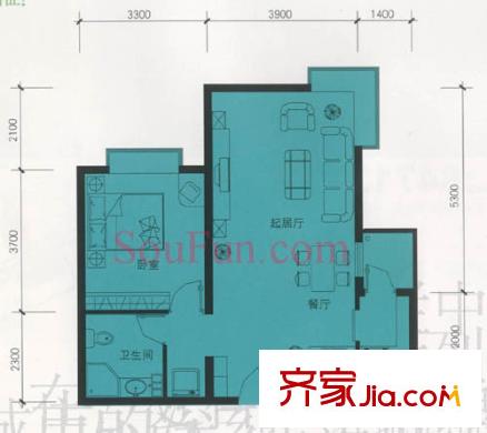 鹿港嘉苑户型图1号楼T户型 1室2厅1卫1厨