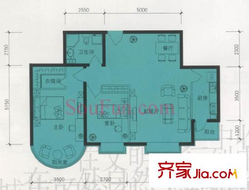 鹿港嘉苑户型图1号楼Q3户型 2室2厅1卫1厨