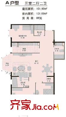 豪威嘉园户型图A户型 3室2厅2卫2厨