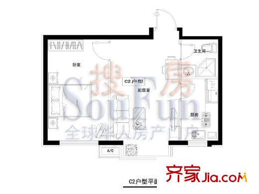 柏林山水户型图C2户型 1室1厅1卫1厨