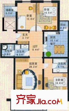 颐安嘉园户型图19号/20号楼B户型 3室3厅2卫1厨
