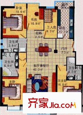 颐安嘉园户型图18号楼A户型 5室3厅3卫1厨