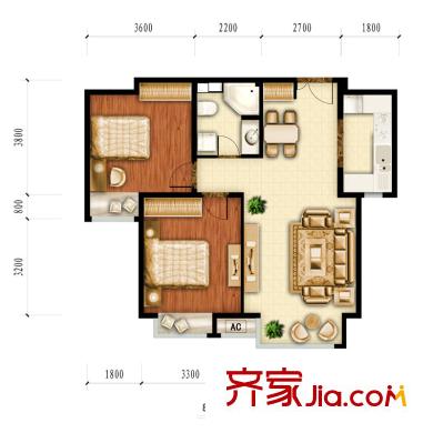 红杉一品户型图8#-B2户型图 2室2厅1卫1厨