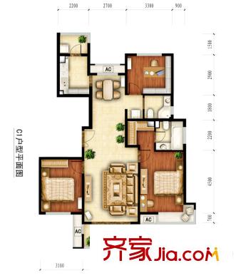 红杉一品户型图10#-C1户型图 3室2厅2卫1厨