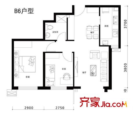 溪城家园户型图b6户型 2室2厅1卫1厨