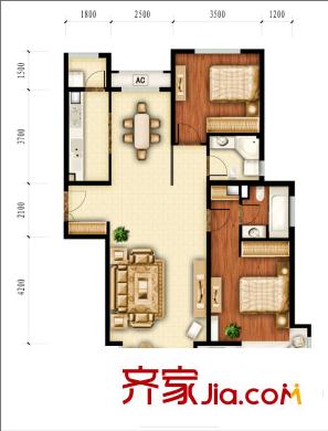 红杉一品户型图8#-B1户型图 2室2厅2卫1厨