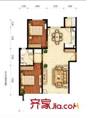 红杉一品户型图9#-A2户型图 2室2厅1卫1厨