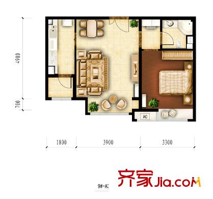 红杉一品户型图9#-A3户型图 1室1厅1卫1厨