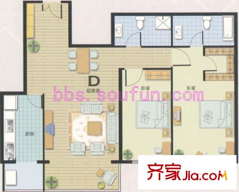 中国房子户型图户型图 2室2厅2卫1厨