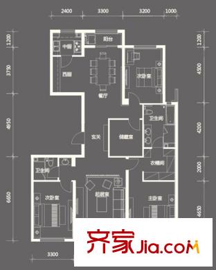 中粮祥云国际生活区C03住宅B户型 3室2厅2卫1厨