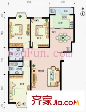中国房子户型图F户型 3室2厅2卫1厨