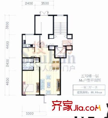 雅丽世居户型图五号楼一层M2户型户 1室2厅1卫1厨