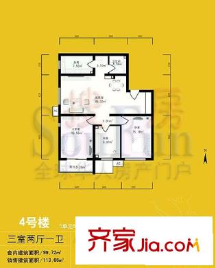 清上园户型图二期4#5单元户型 3室2厅1卫1厨