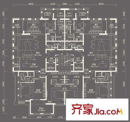 中粮祥云国际生活区D户型(1H、3H、5H楼14层) 3室2厅4卫2厨