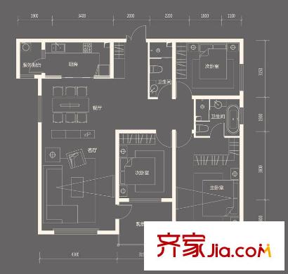 中粮祥云国际生活区a3户型 3室2厅2卫1厨