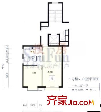 雅丽世居户型图3号楼K户型户型 1室2厅1卫1厨