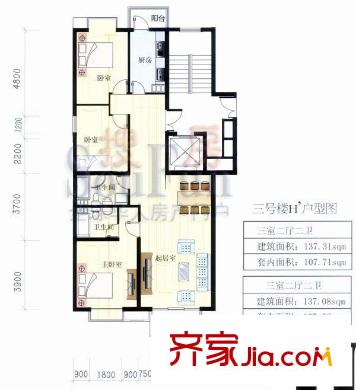 雅丽世居户型图三号楼H’户型户型 3室2厅2卫1厨