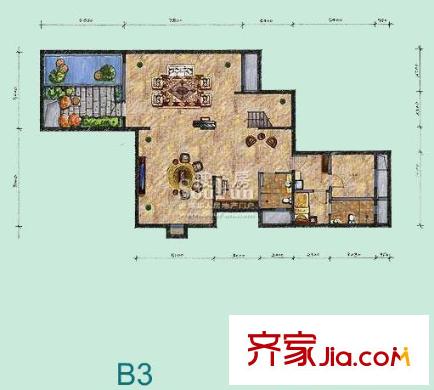 龙湾别墅户型图B3户型下层 1室3厅2卫