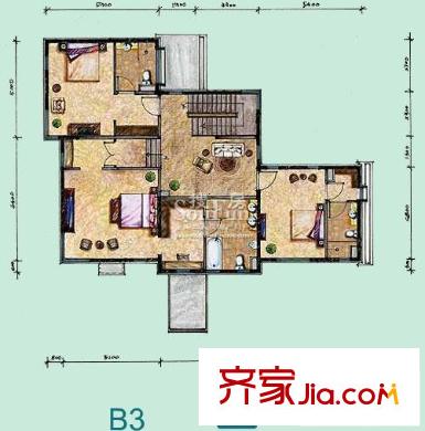 龙湾别墅户型图B3户型二层 3室1厅3卫